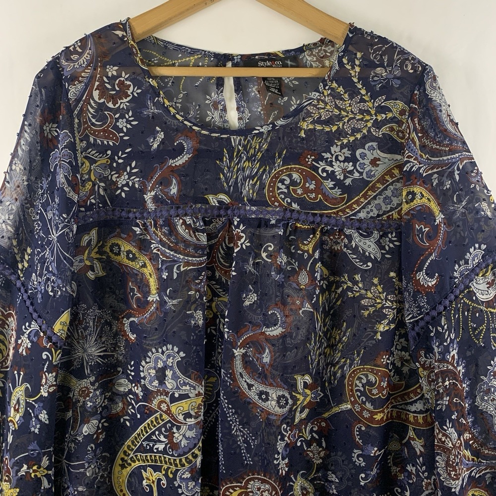Womens Sheer Paisley Boho Bell Sleeve Top Size 1X Crochet Flowy Artsy Layer - Picture 3 of 12